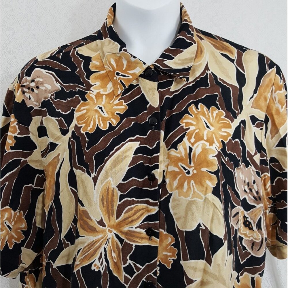 Men Hawaiian Luau Shirt 2X XXL Black Brown Orange Floral Hibiscus Button Front - Picture 4 of 7